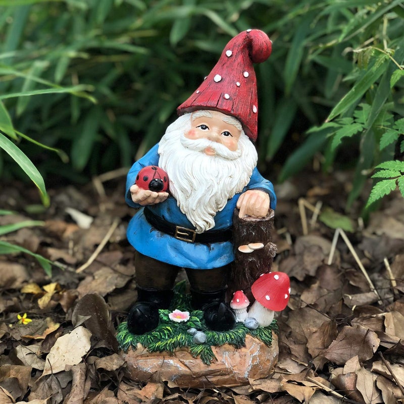 Topadorn Garden Gnome Statue LED Light Solar Energy Gnome Figurine with Ladybug on Hand Mushroom for House, Lawn Decor 11 Inch - Image 3